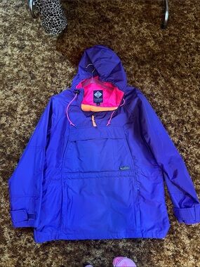Columbia Purple Hooded Pullover Rain Jacket with Pink Lining